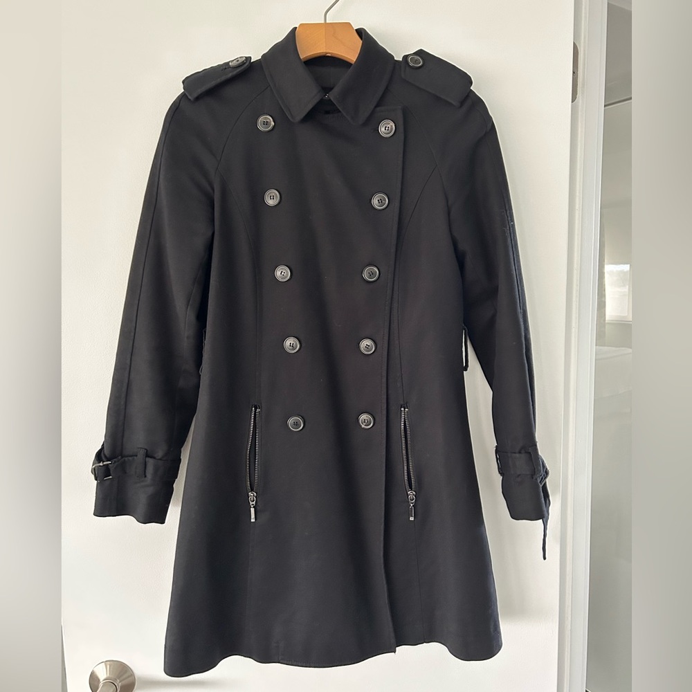 Zara Basic black, knee length jacket, epaulette at the shoulders. XS
